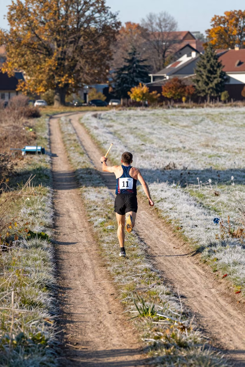 Relay Runner Reaching Back for Baton in Late Autumn in near open fields near Novi Sad