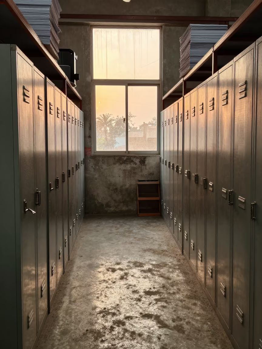Relay Vest Locker in Surat Warehouse at Dusk in inside a warehouse aisle in Surat
