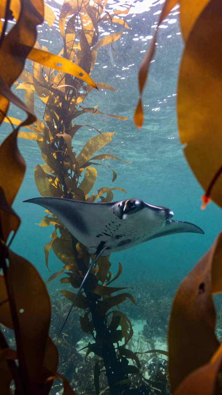 Remora Hitching Ride on Manta Ray in Kelp Forest in through a forest of kelp fronds in Australia