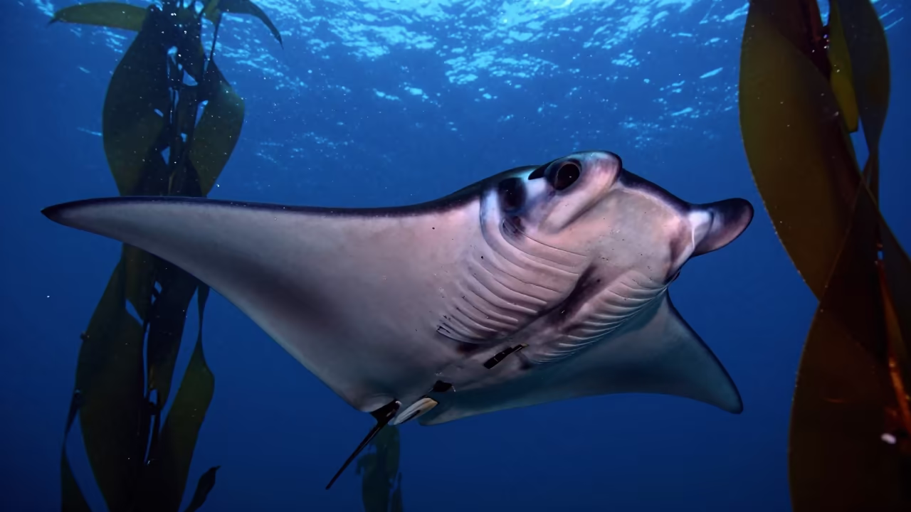 Remora Hitching Ride on Manta Ray in Kelp in through a forest of kelp fronds near Sydney