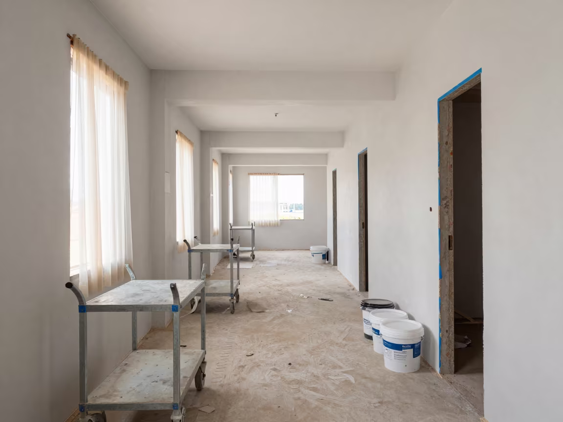 Renovation Hallway Drywall Carts Late Morning Light in inside a half-built lobby in Ceará