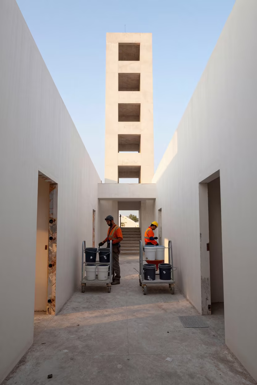 Renovation Hallway Drywall Carts Taped Doors Santiago in inside a bare shell stair tower in Mercado Central, Santiago
