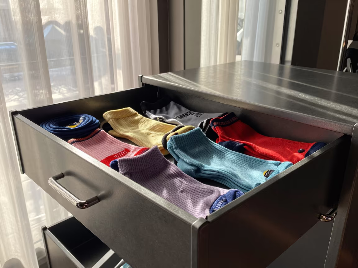 Rental Socks Drawer in Spin Studio Before Class in inside a spin studio under class lights in Bnei Brak