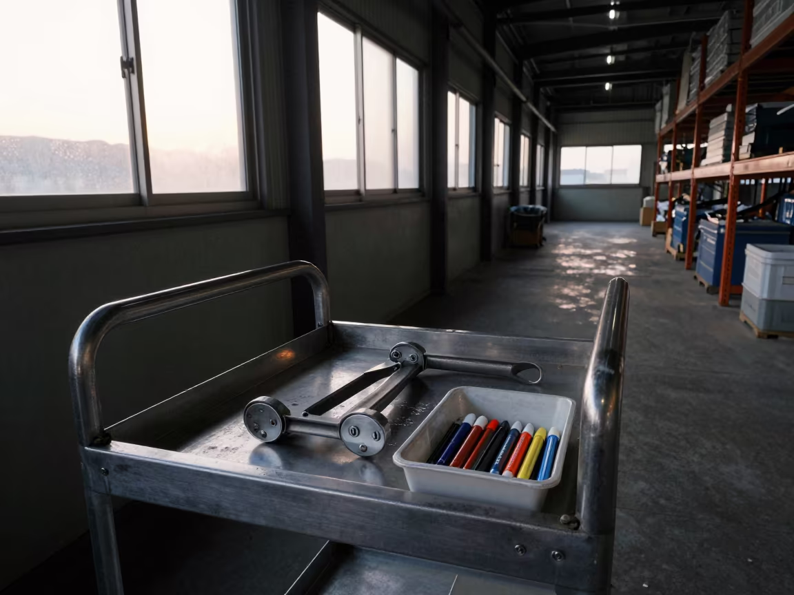 Repair Cart with Seals in Osaka Warehouse Dawn in inside a warehouse aisle in Osaka