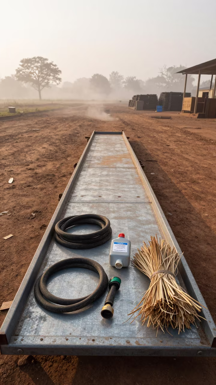 Repair Kit on Gabon Stockyard Ramp at Dawn in at a stockyard loading ramp in Gabon