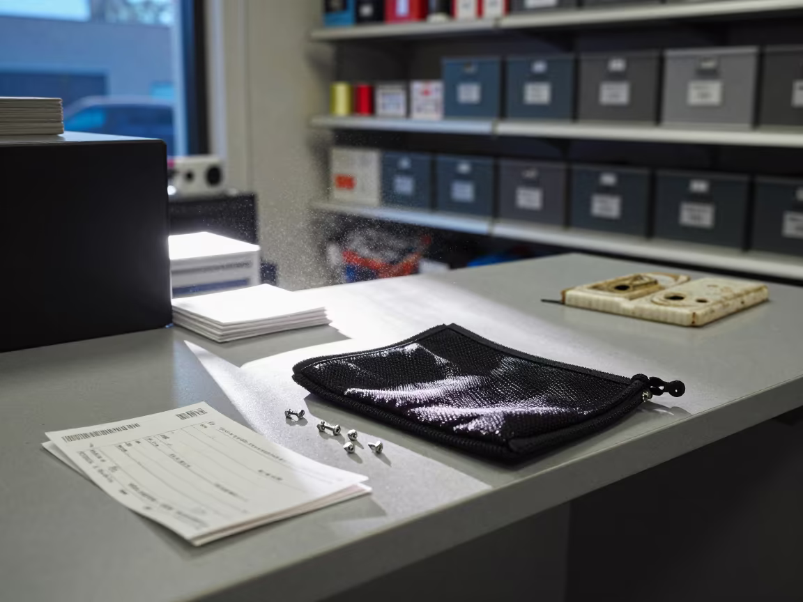 Repair Pouch and Parts on Store Counter in inside a stockroom behind the sales floor near Arica