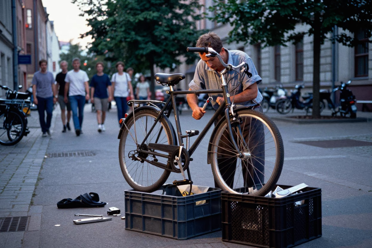Repairing Bicycle in Berlin in in Berlin, Germany