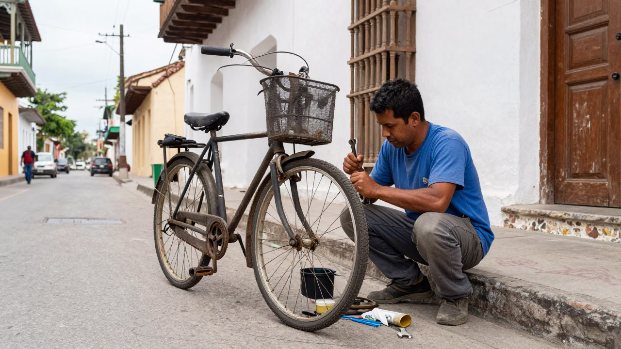 Repairing Bicycle in Cartagena in in Cartagena, Colombia