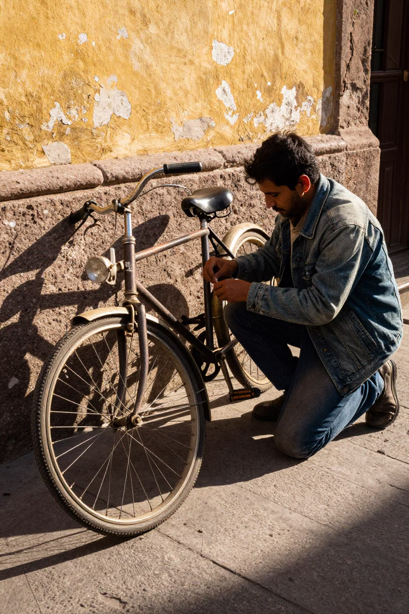Repairing Bicycle in Mexico City at Late Afternoon Light in in Mexico City, Mexico