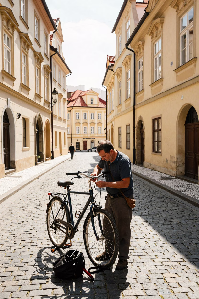 Repairing Bicycle in Prague in in Prague, Czech Republic