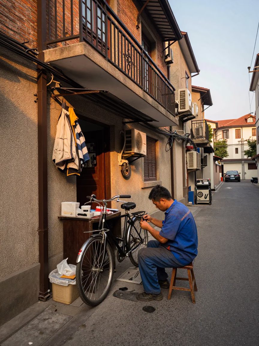 Repairing Bicycle in Shanghai in in Shanghai, China
