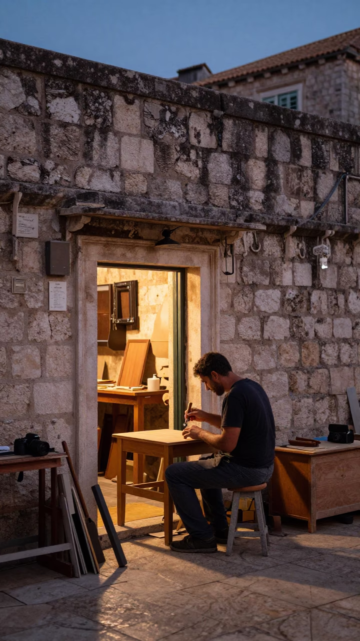 Repairing Furniture in Dubrovnik at Twilight in in Dubrovnik, Croatia