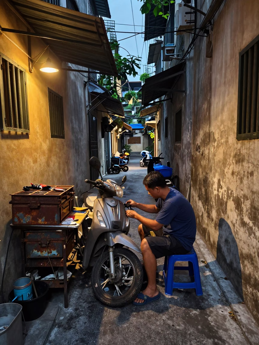 Repairing Motorbike in Hanoi at Evening Light in in Hanoi, Vietnam