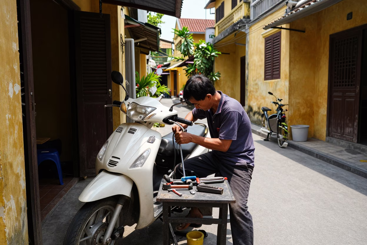 Repairing Motorbike in Hoi An in in Hoi An, Vietnam
