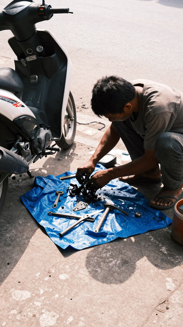 Repairing Motorbike in Phnom Penh in in Phnom Penh, Cambodia