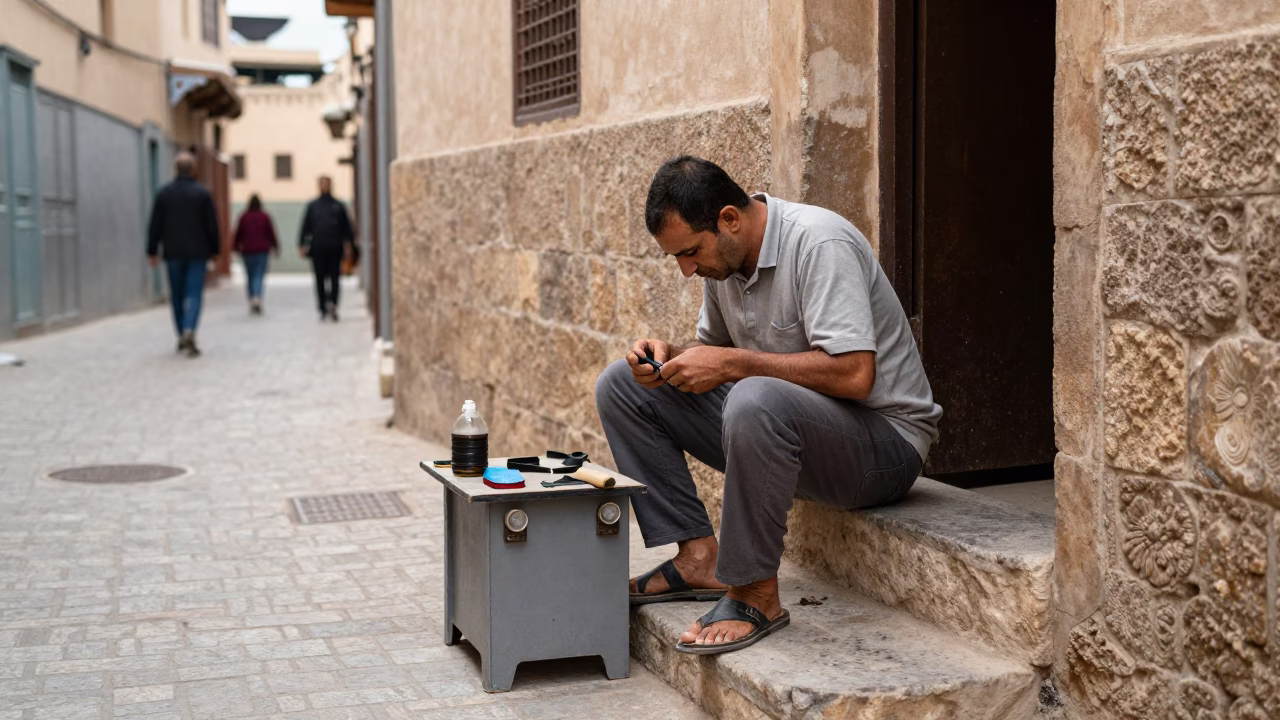 Repairing Sandal in Fez in in Fez, Morocco