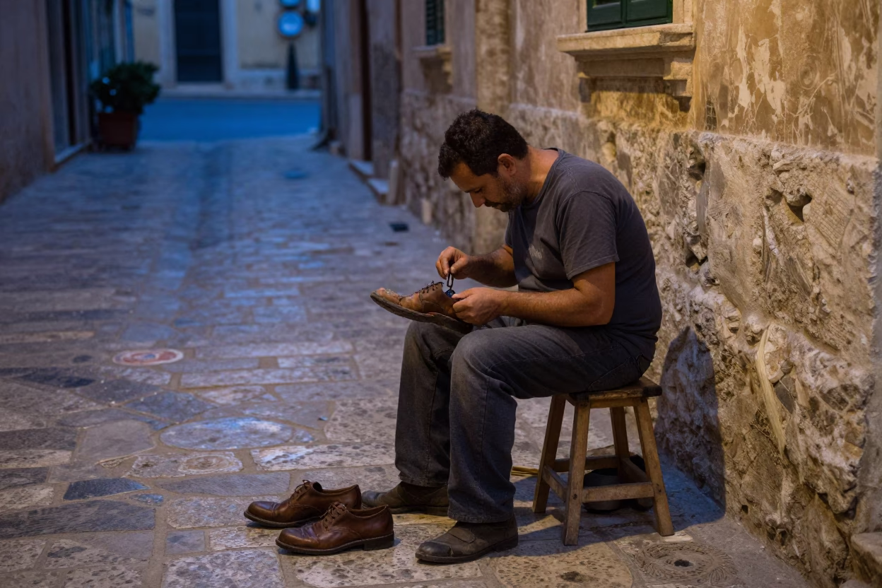Repairing Shoes in Palermo at Nautical Dawn Light in in Palermo, Italy