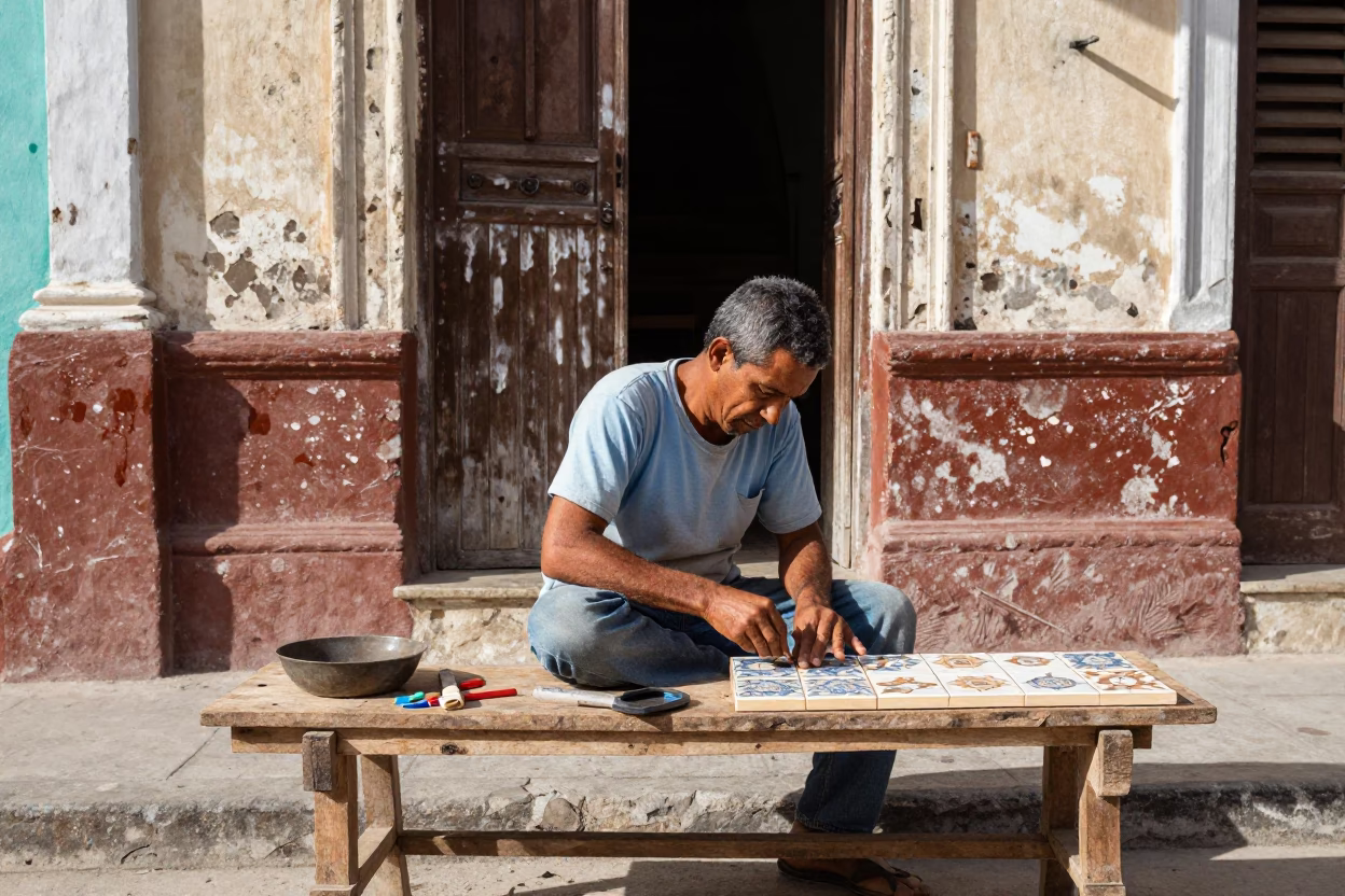 Repairing Tile in Havana in in Havana, Cuba