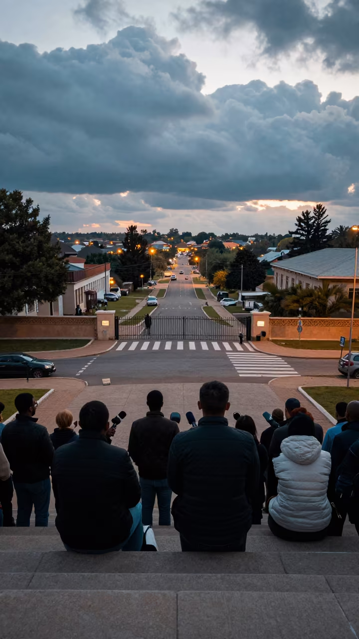 Reporters Crowded on City Hall Steps at Dusk in at a crosswalk by a school gate in Tabou