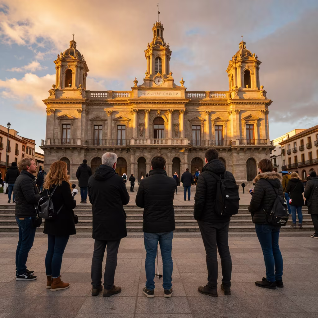Reporters Crowded on City Hall Steps at Golden Hour in in a public square in Leganés