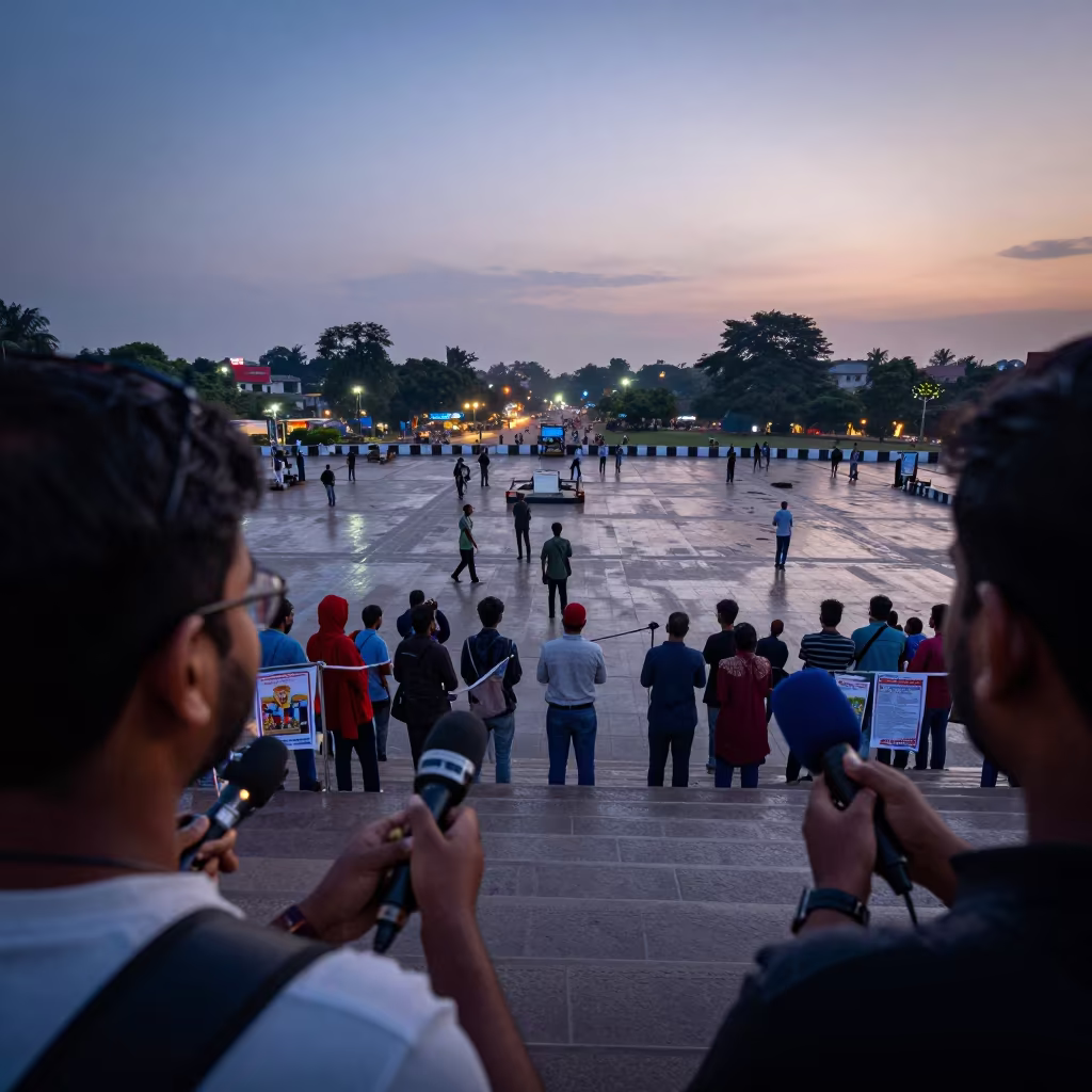 Reporters Crowded on City Hall Steps at Twilight in in a public square in Greater Noida