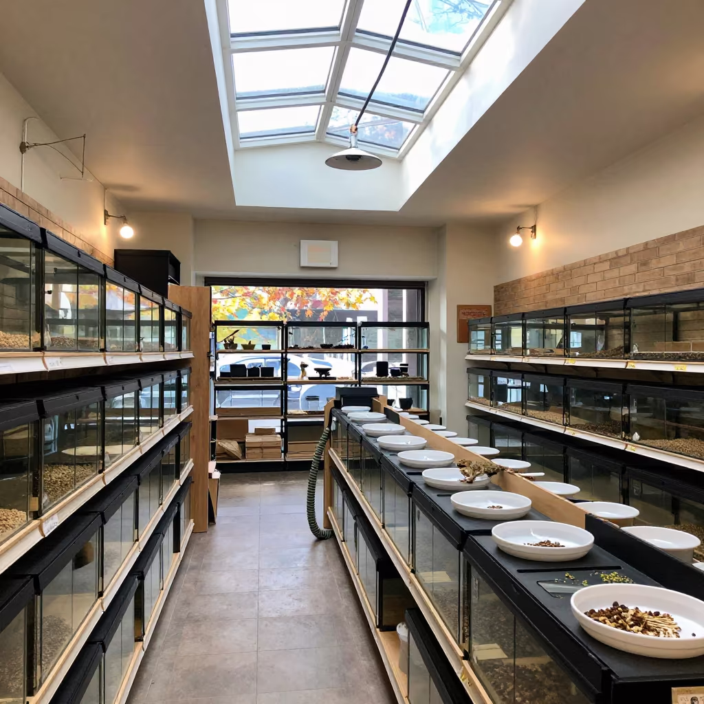 Reptile Feeding Station Aisle After Rain in inside a pet store aisle in Cambridge, Boston