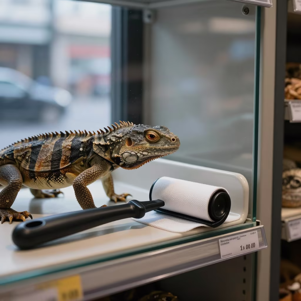 Reptile Feeding Station with Lint Roller in inside a pet store aisle near Jinli, Chengdu