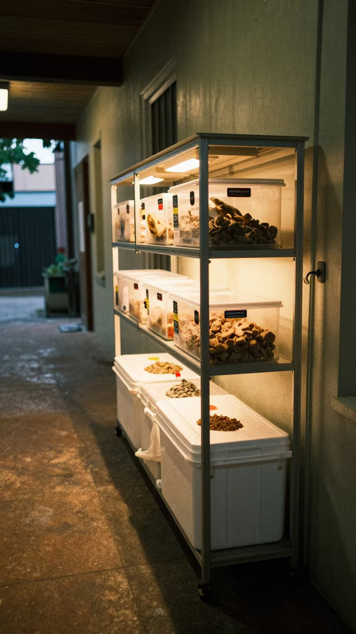 Reptile Feeding Station in New Orleans Kennel in in a boarding kennel corridor in Garden District, New Orleans