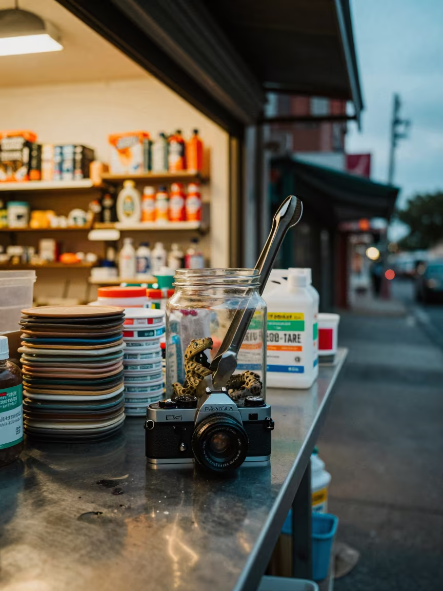 Reptile Feeding Tongs Jar Before Boarding Workflow in inside a fish bagging counter zone near Tlaquepaque