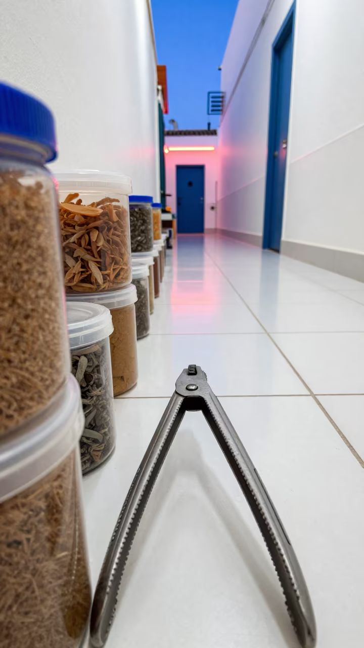 Reptile Feeding Tongs in Tangier Kennel Twilight in in a boarding kennel corridor in Tangier