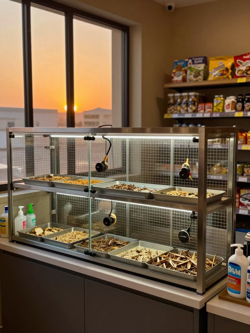 Reptile Insect Rack in Riyadh Grooming Bay Evening Light in inside a grooming bay in Riyadh