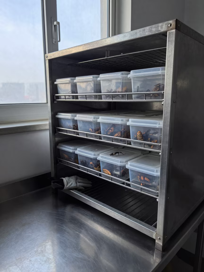 Reptile Insect Rack in Tarija Care Zone in inside a fish bagging counter zone in Tarija