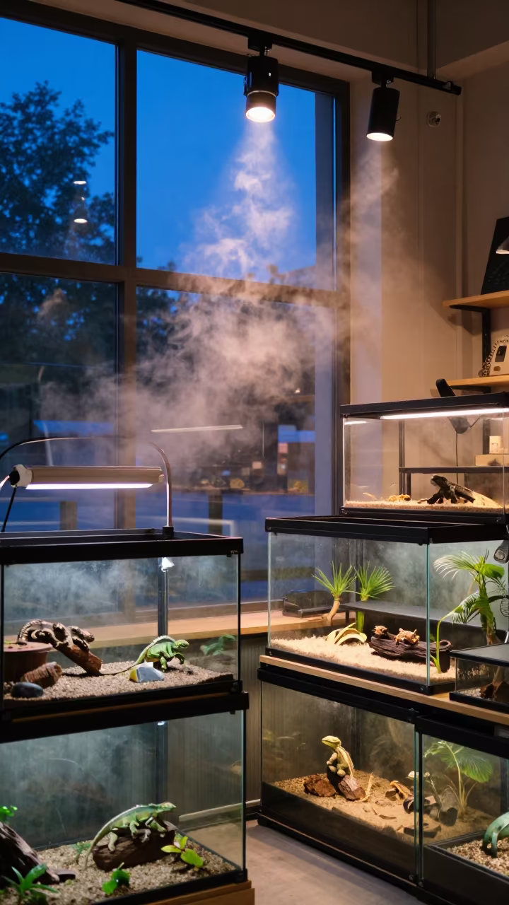 Reptile Shop Wall with Heat Lamps and Mist in inside a grooming bay in Nowy Swiat, Warsaw