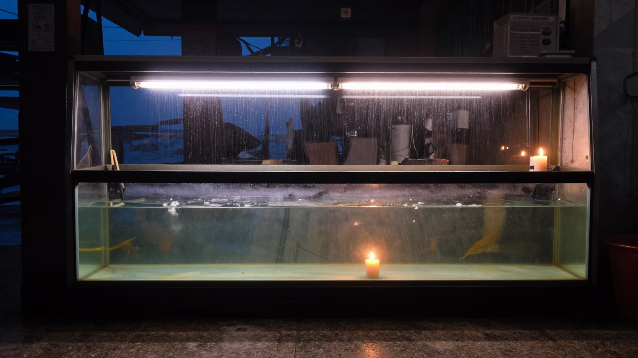 Reptile UV Bulb Shelf in Dhaka Monsoon Twilight in inside a fish bagging counter zone in Sadarghat, Dhaka