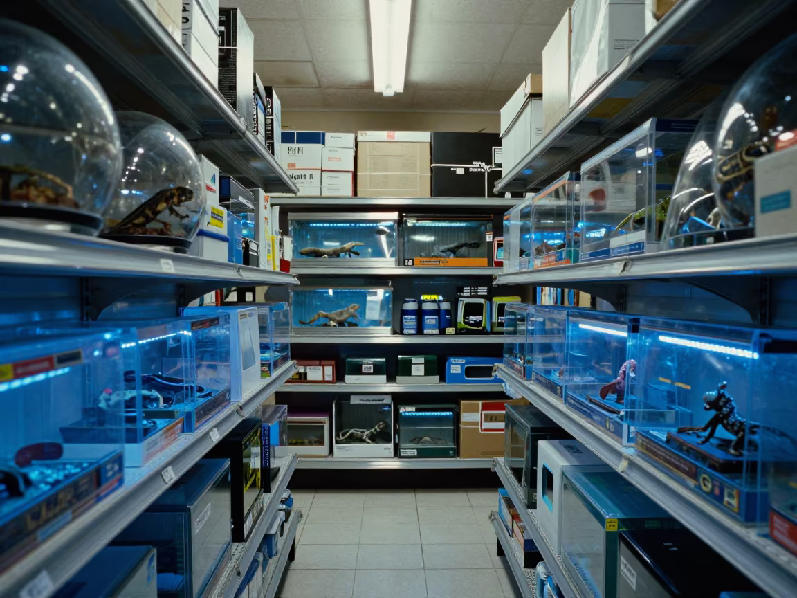 Reptile UV Bulbs on Shelf in Pet Store Aisle in inside a pet store aisle near Leganés