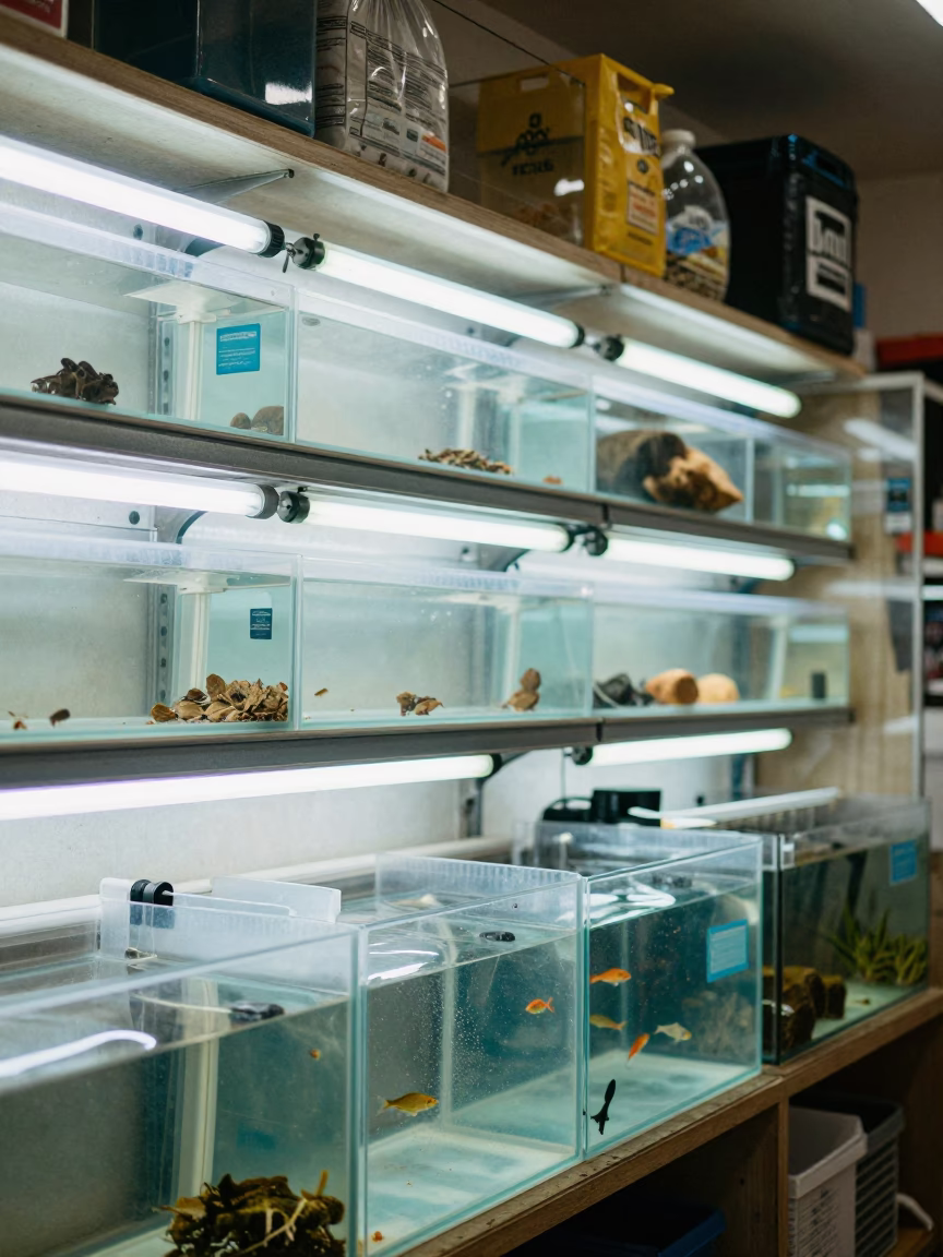 Reptile UV Bulbs on Shelf in Matola Shop in inside a fish bagging counter zone near Matola