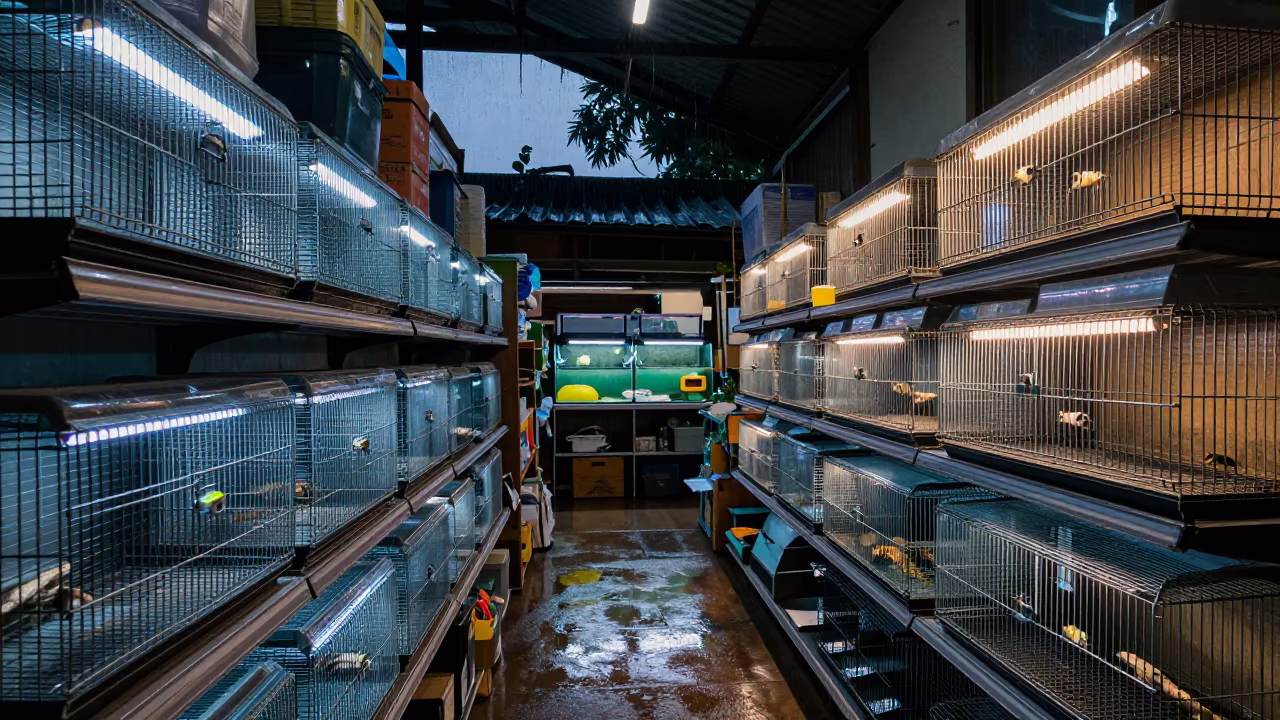 Reptile UV Bulbs on Shelf Mombasa Predawn in inside a fish bagging counter zone near Mombasa