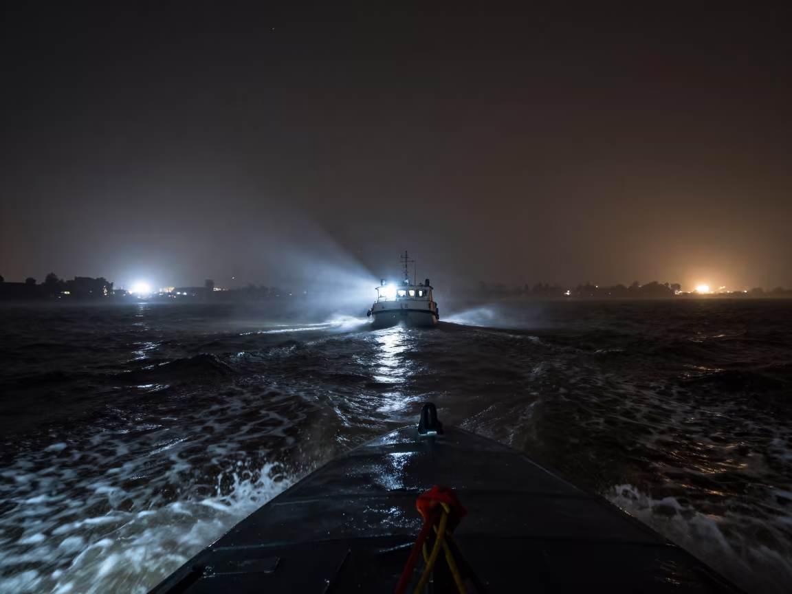 Rescue Boat Navigating Storm Waves at Night in near Omdurman