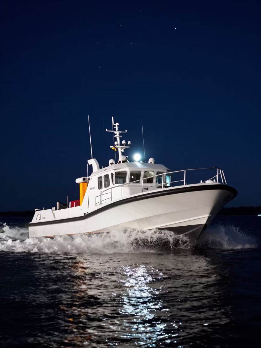 Rescue Boat Navigating Storm Waves at Night in near Edmonton
