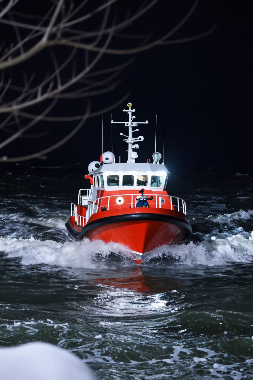 Rescue Boat Navigating Stormy Winter Waves at Night in in South Korea