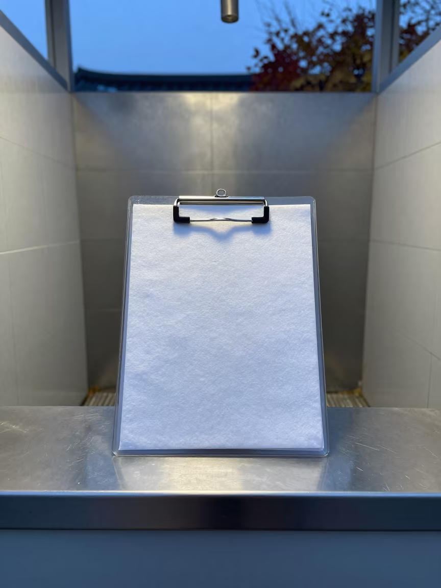 Rescue Clipboard at Seoul Dog Wash in at a self-serve dog wash station in Myeongdong, Seoul