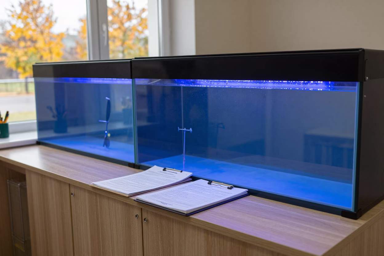 Rescue Desk Under Blue Glow in Autumn Grooming Bay in inside a grooming bay in Kemerovo