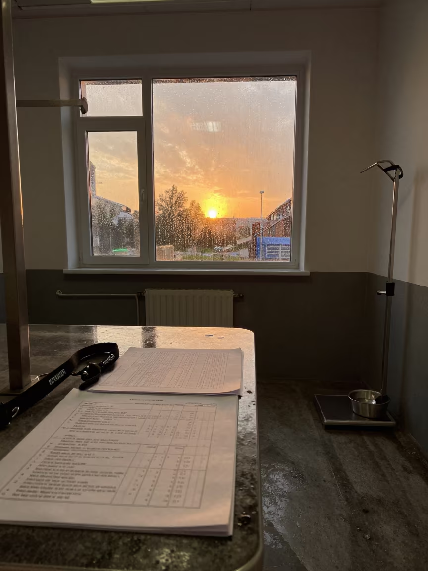 Rescue Desk in Honey Sunset Light in inside a grooming bay in Płock