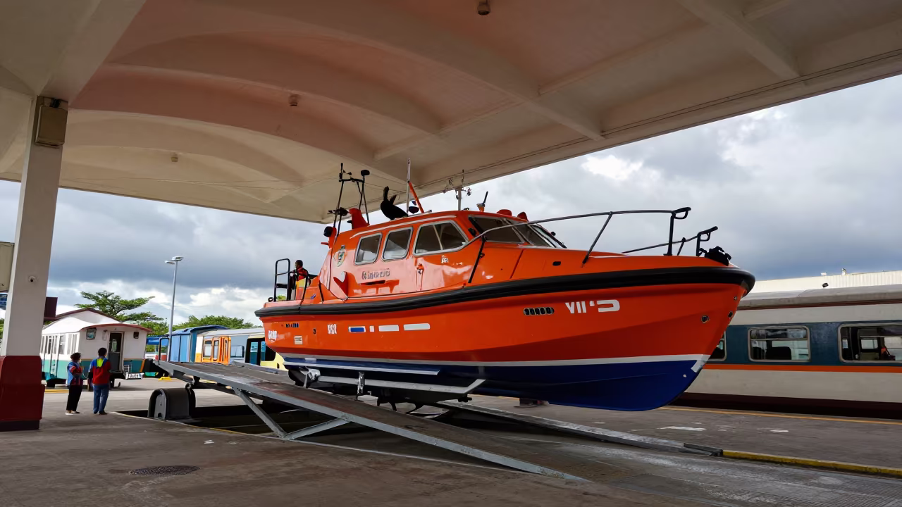 Rescue Lifeboat Launching in Callao Terminal in inside a restored train terminal near Callao