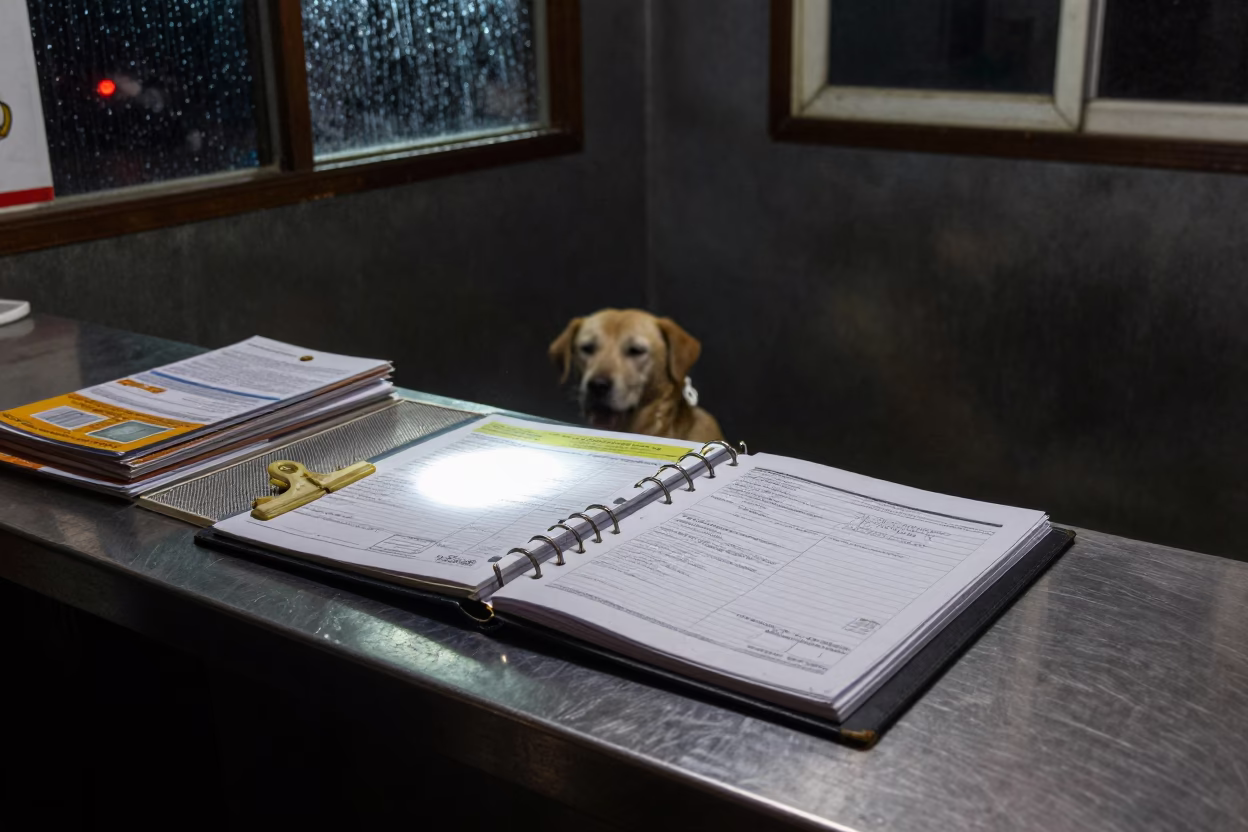 Rescue Log Binder on Wet Counter at Night in at a self-serve dog wash station in Kolkata