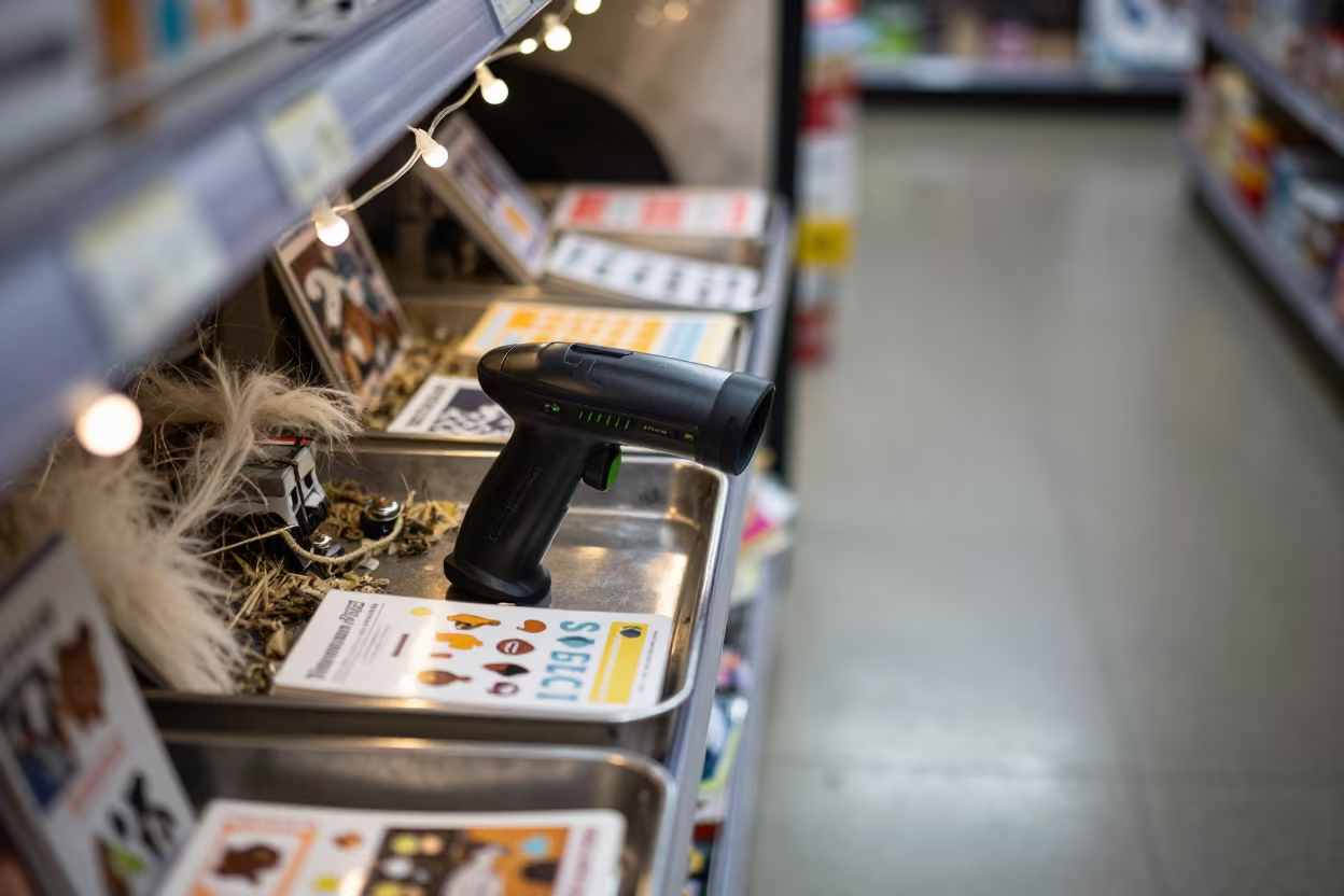 Rescue Scanner Tray with Fur and Cards in inside a pet store aisle near Guéckédougou