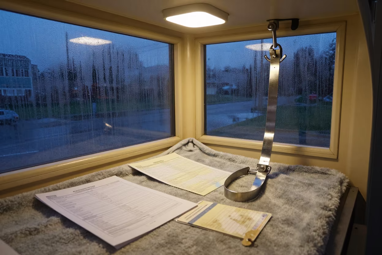 Rescue Van Leash Hooks in Evening Light in inside a grooming bay in Keur Massar Nord