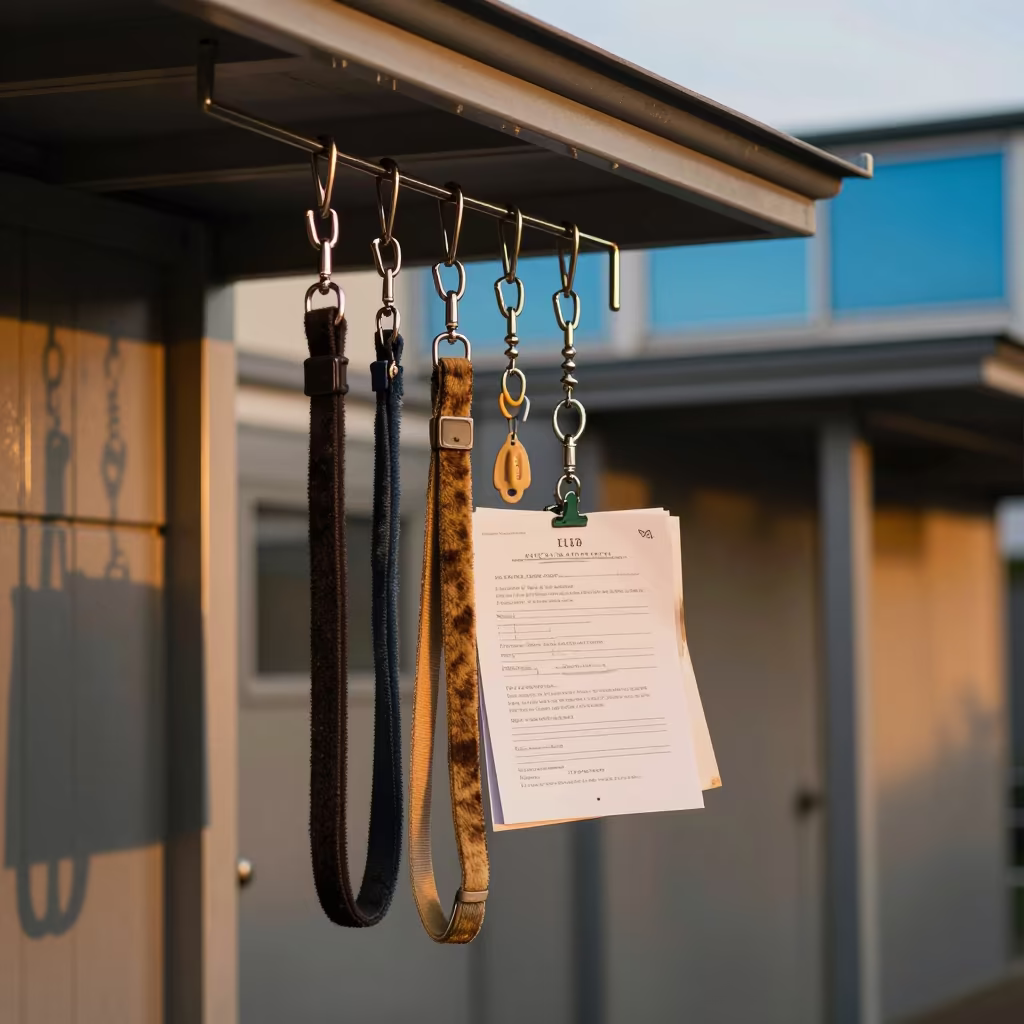 Rescue Van Leash Hooks in Kennel Corridor in in a boarding kennel corridor in Melbourne