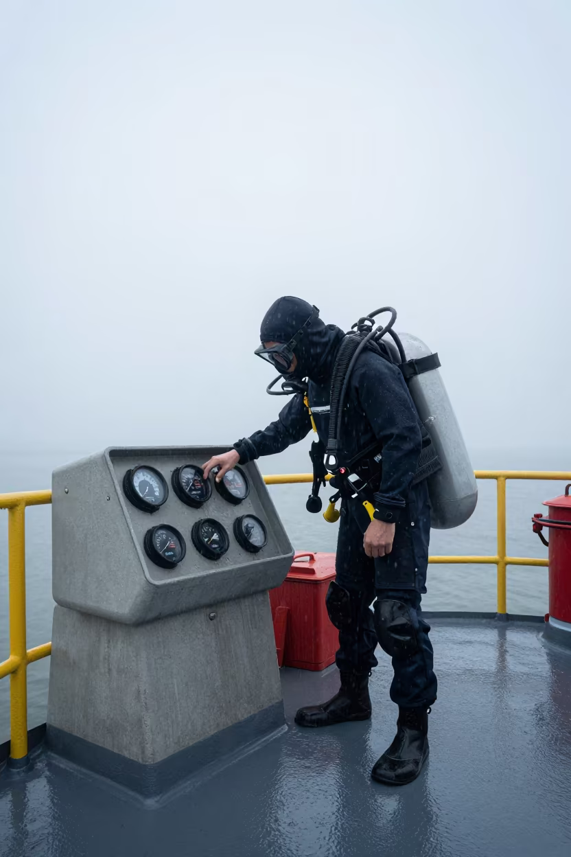 Research Diver Checks Gauges Before Dawn in in Ipoh