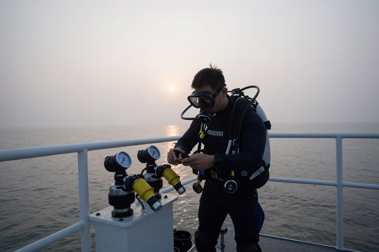 Research Diver Checks Gauges at Suzhou Dawn in in Suzhou